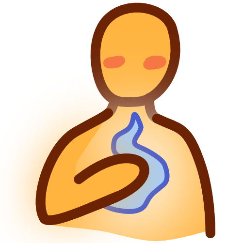 A yellow figure with a hand on its chest, below the hand is a blue shape with a white glow.